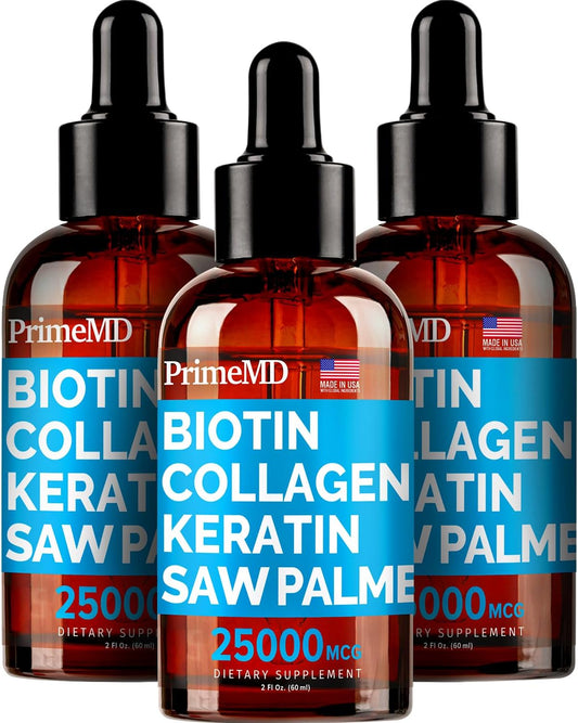 3 Pack PrimeMD Liquid Biotin Collagen Keratin Saw Palmetto Drops - Hair, Nails, Skin Vitamins - 25000mcg - Watermelon Flavor - Gluten-Free & Non-GMO