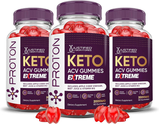 3 Pack Proton Protein Keto ACV Gummies - 2000MG Extreme Strength - Apple Cider Vinegar with Pomegranate & Beet Juice - B12 - Non GMO - 180 Count - BoostGo Australia