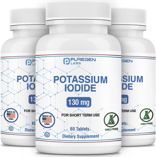 3 Pack Puregen Labs Potassium Iodide Tablets 130mg - Kosher Iodine for Thyroid Support - 180 Tablets - Long Expiry Date