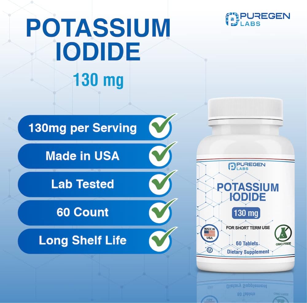 3 Pack Puregen Labs Potassium Iodide Tablets 130mg - Kosher Iodine for Thyroid Support - 180 Tablets - Long Expiry Date