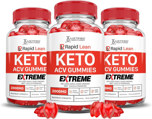 3 Pack Rapid Lean Keto ACV Gummies - 2000MG Extreme Formula with Pomegranate and B12 - Vegan Non GMO - 180 Gummies