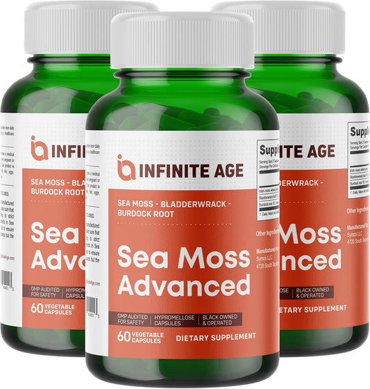 3 Pack Sea Moss Superfood Bundle - 1250mg High-Potency Vegan Capsules for Immunity Support - Irish Sea Moss, Bladderwrack, Burdock Root - Made in USA