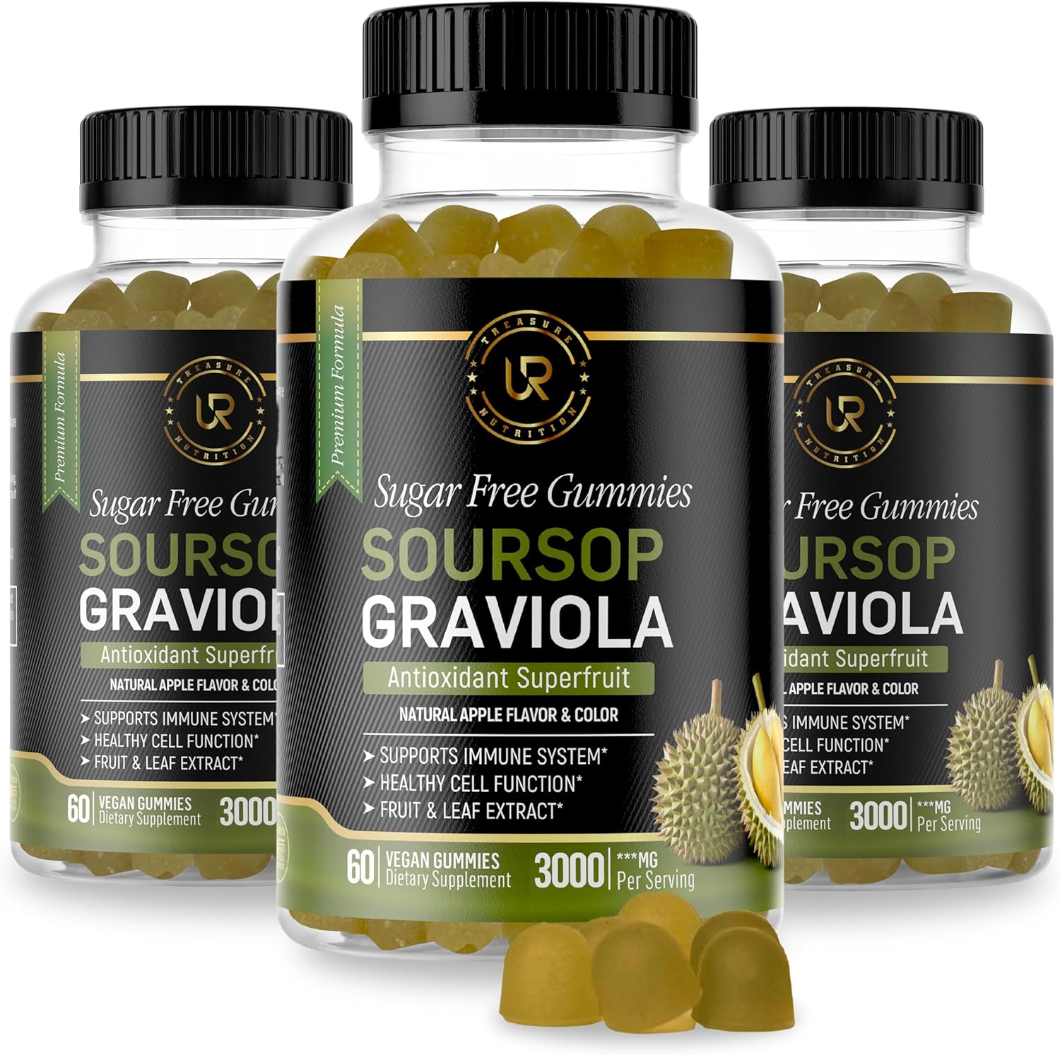 3 Pack Soursop Leaf & Fruit Gummies - 3000mg Extract - Graviola Supplement - 60ct Sugar-Free, Gluten Free, Vegan - Non-GMO