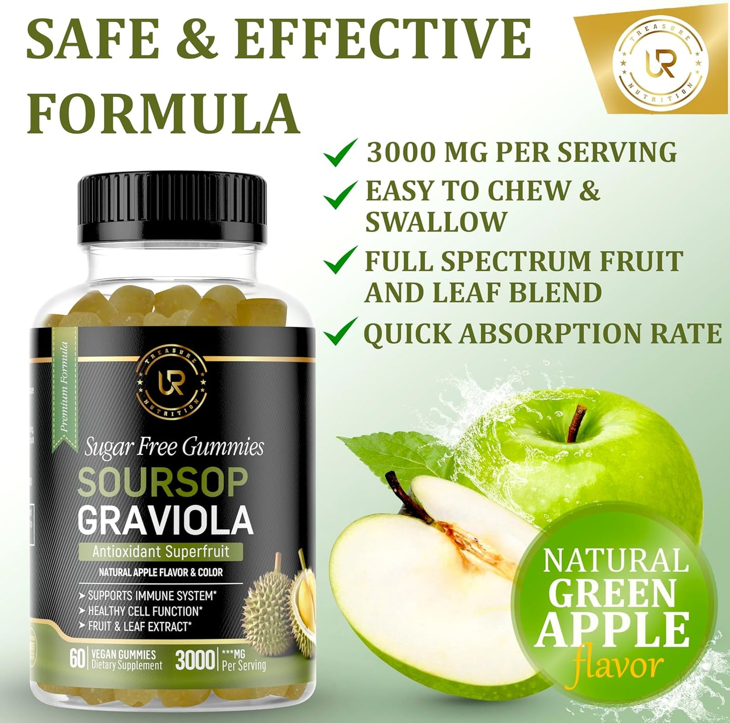 3 Pack Soursop Leaf & Fruit Gummies - 3000mg Extract - Graviola Supplement - 60ct Sugar-Free, Gluten Free, Vegan - Non-GMO