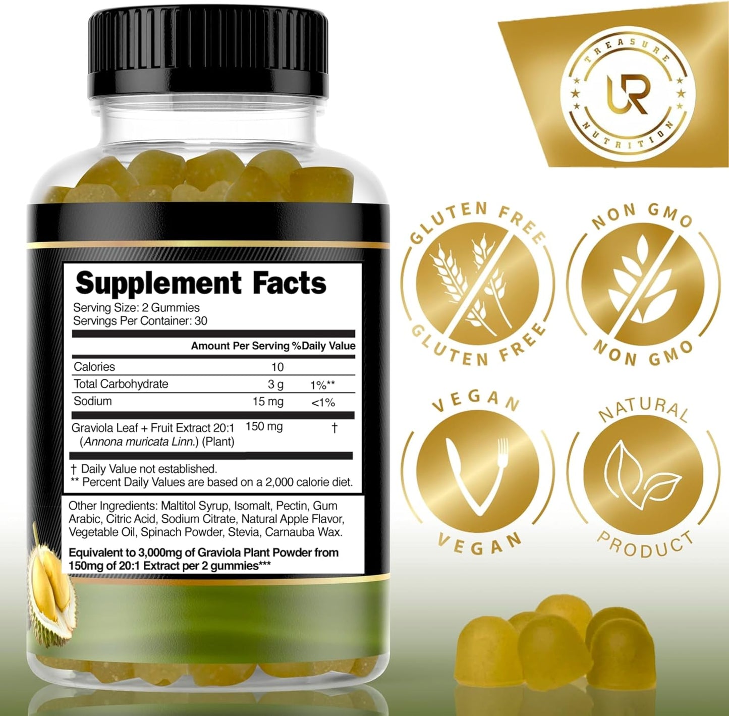 3 Pack Soursop Leaf & Fruit Gummies - 3000mg Extract - Graviola Supplement - 60ct Sugar-Free, Gluten Free, Vegan - Non-GMO