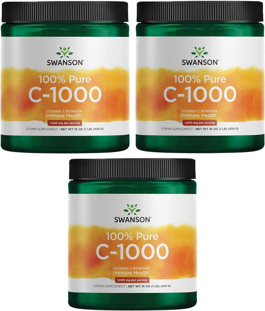 3 Pack Swanson 100% Pure Ascorbic Acid Vitamin C Powder - 1000mg Immune Support & Antioxidant Supplement - Skin & Cardiovascular Health - 1 lb (454g)