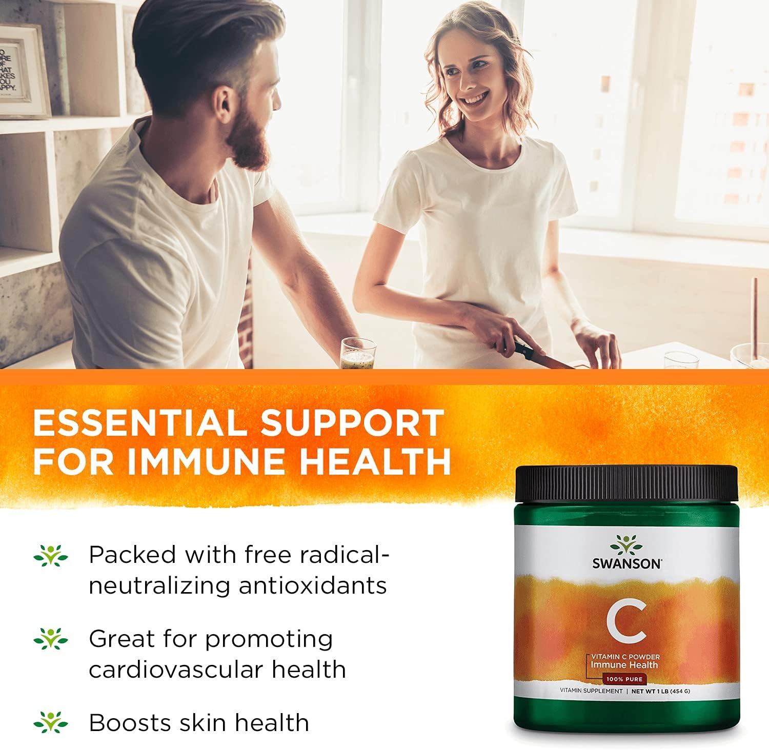 3 Pack Swanson 100% Pure Ascorbic Acid Vitamin C Powder - 1000mg Immune Support & Antioxidant Supplement - Skin & Cardiovascular Health - 1 lb (454g)