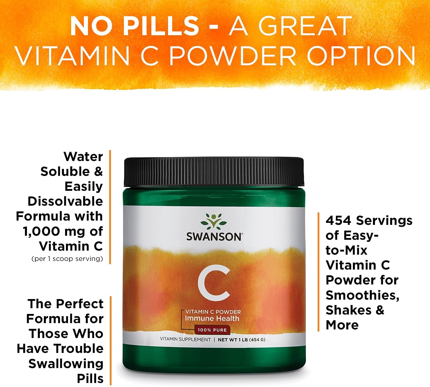 3 Pack Swanson 100% Pure Ascorbic Acid Vitamin C Powder - 1000mg Immune Support & Antioxidant Supplement - Skin & Cardiovascular Health - 1 lb (454g)