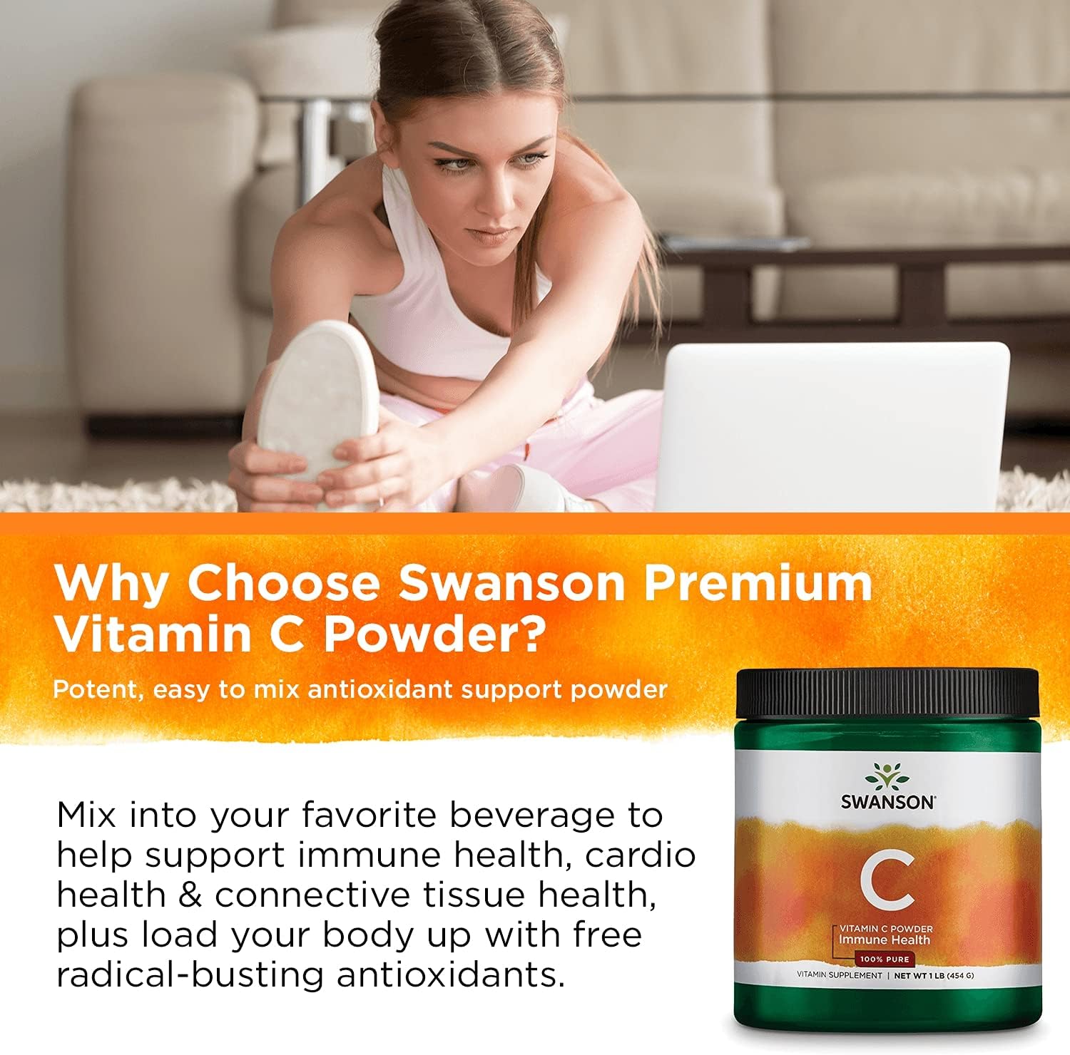 3 Pack Swanson 100% Pure Ascorbic Acid Vitamin C Powder - 1000mg Immune Support & Antioxidant Supplement - Skin & Cardiovascular Health - 1 lb (454g)
