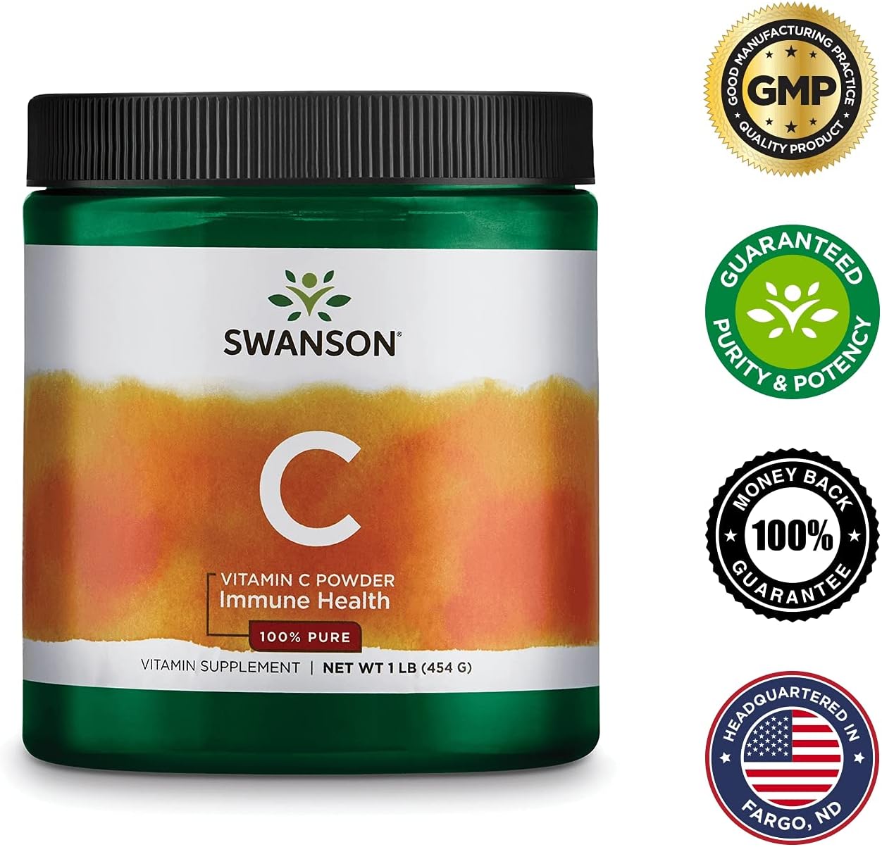 3 Pack Swanson 100% Pure Ascorbic Acid Vitamin C Powder - 1000mg Immune Support & Antioxidant Supplement - Skin & Cardiovascular Health - 1 lb (454g)