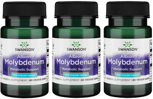 3 Pack Swanson Albion Chelated Molybdenum 400 mcg 60 Veg Capsules - Essential Trace Mineral Supplement