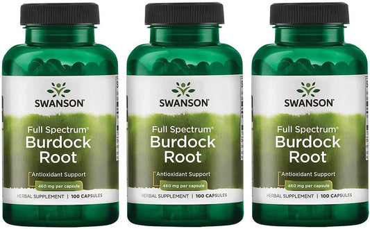 3 Pack Swanson Burdock Root Kidney & Liver Support Capsules - Detoxify Skin, Remove Toxins, Boost Immune System - Herbal Antioxidant Supplement 460mg