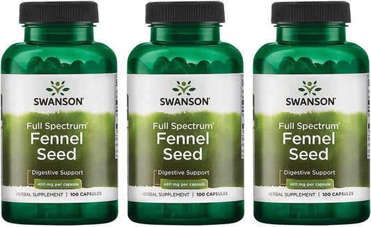 3-Pack Swanson Fennel 480mg 100 Capsules for Digestive Health and Bloating Relief