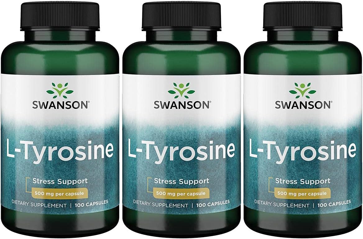 3 Pack Swanson L-Tyrosine Capsules 500mg - Amino Acid for Stress & Cognitive Function - Brain Health Support Supplement