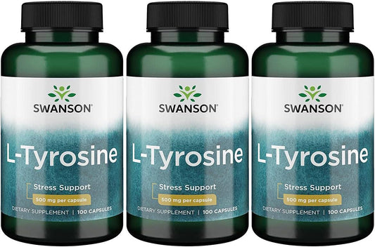 3 Pack Swanson L-Tyrosine Capsules 500mg - Amino Acid for Stress & Cognitive Function - Brain Health Support Supplement