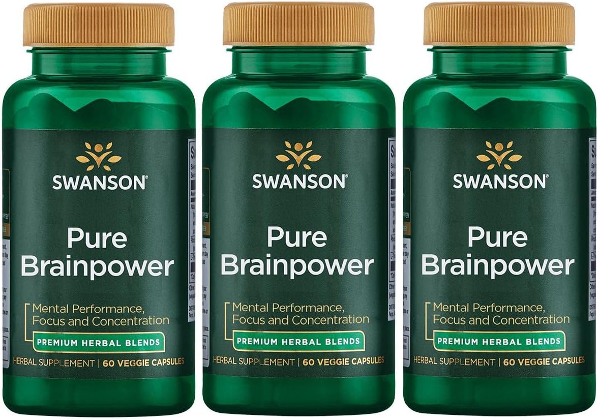 3 Pack Swanson Pure Brainpower Brain Health Supplement with Ginkgo Biloba and Bacopa Monnieri - 60 Veg Caps for Cognitive Memory and Focus Support