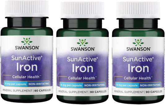 3 Pack Swanson Sunactive Non-Irritating Iron 15mg 90 Capsules - Gentle Iron Supplement for Daily Use