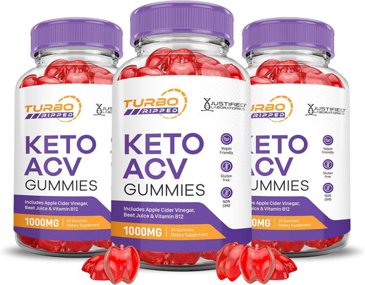 3 Pack Turbo Ripped Keto ACV Gummies with Pomegranate Beet Juice Powder - Vegan Non GMO 1000MG Apple Cider Vinegar Formula