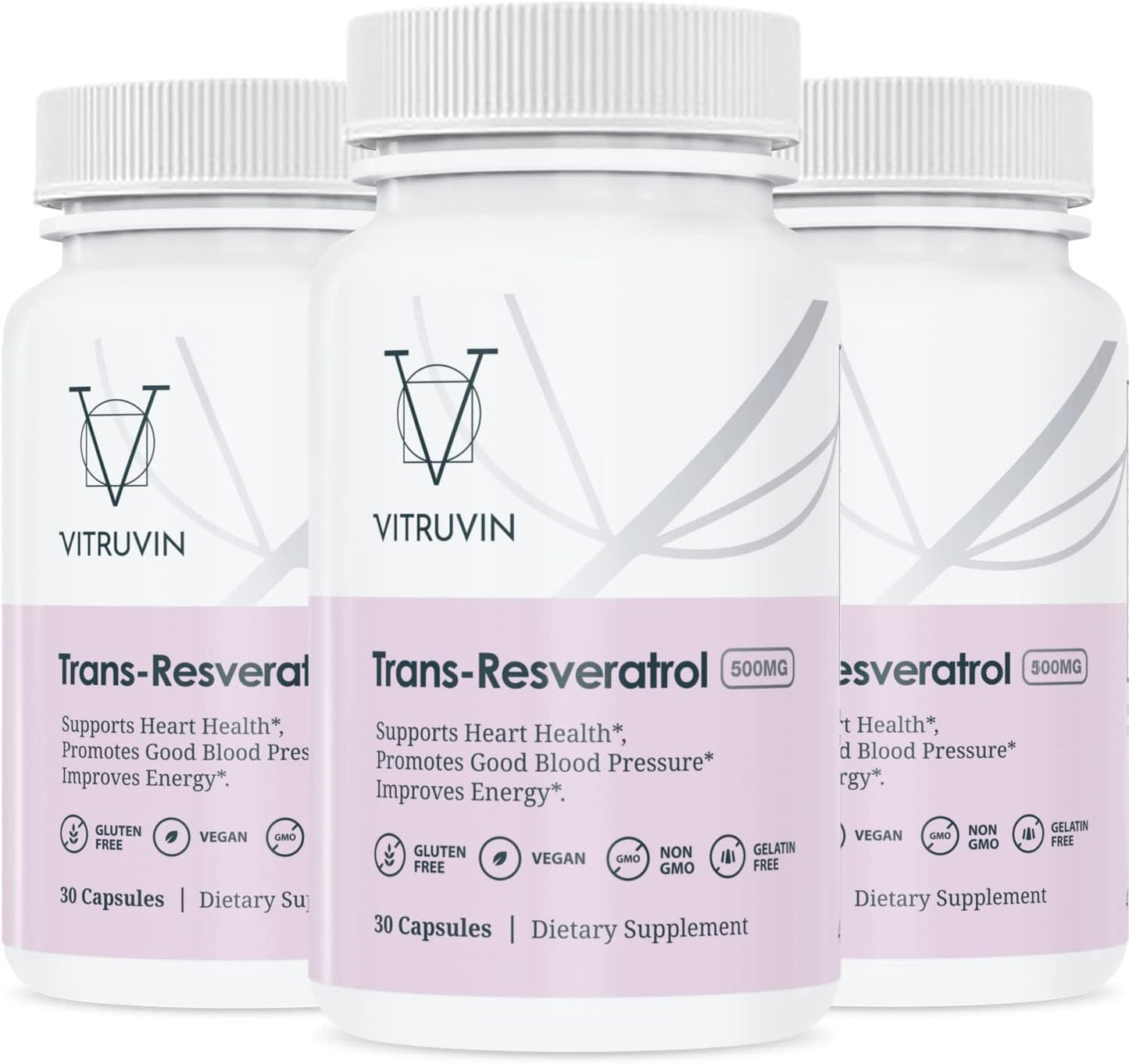 3-Pack Vitruvin Trans-Resveratrol 500mg Vegan Capsules - Non-GMO, Gluten-Free, Gelatin-Free