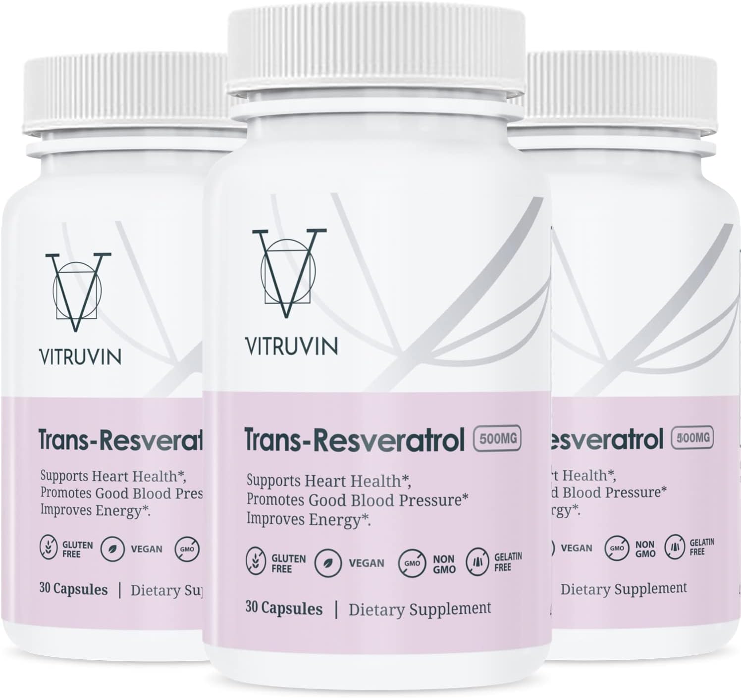 3-Pack Vitruvin Trans-Resveratrol 500mg Vegan Capsules - Non-GMO, Gluten-Free, Gelatin-Free