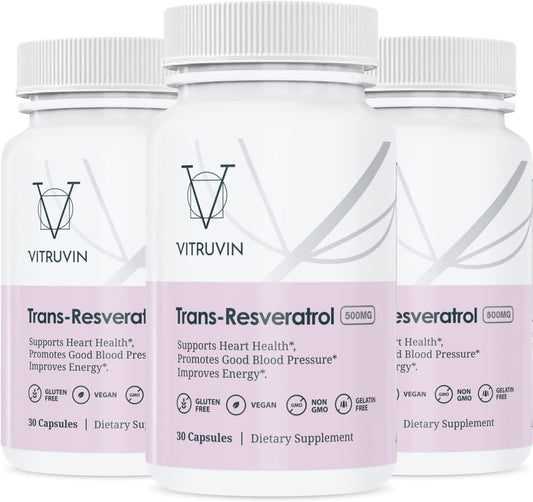 3-Pack Vitruvin Trans-Resveratrol 500mg Vegan Capsules - Non-GMO, Gluten-Free, Gelatin-Free