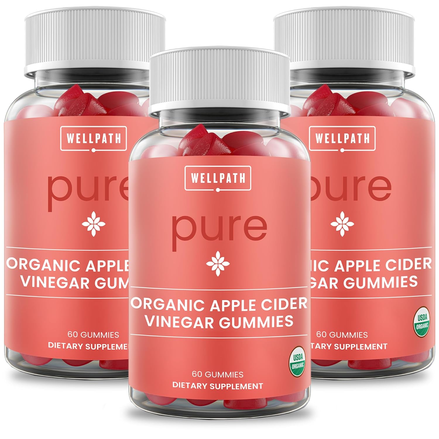 3-Pack WellPath Organic Apple Cider Vinegar Gummies with Ginger for Gut Health - 180 Ct Vegan Non-GMO Gummy Bears