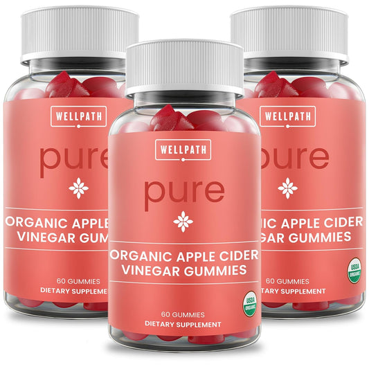3-Pack WellPath Organic Apple Cider Vinegar Gummies with Ginger for Gut Health - 180 Ct Vegan Non-GMO Gummy Bears