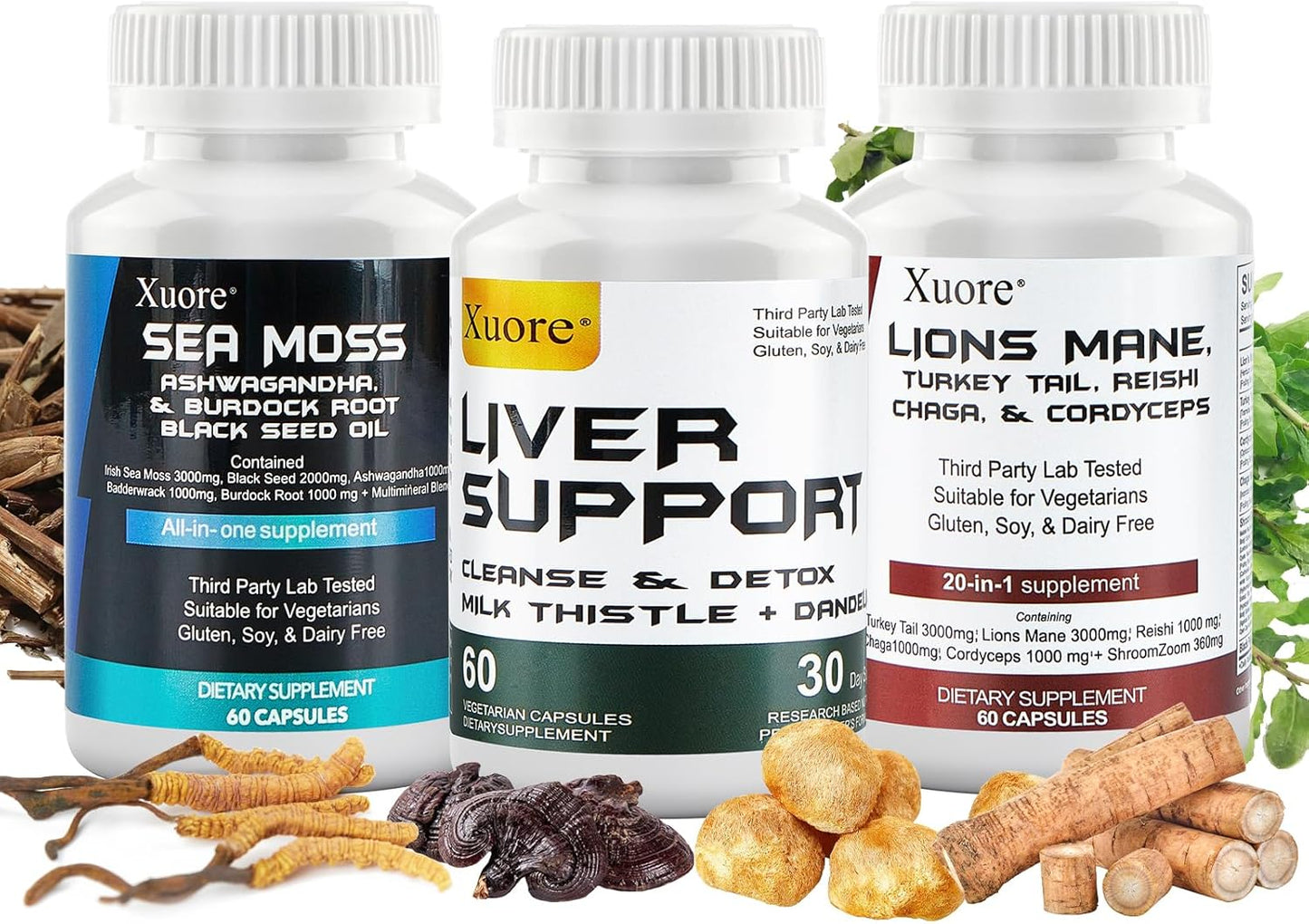 3-Pack Xuore Sea Moss, Black Seed Oil, Mushroom & Herb Supplement with Lions Mane, Turkey Tail, Reishi, Cordyceps, Chaga, Liver Cleanse, Detox & Repair - Includes Milk Thistle - All-In-One Formula