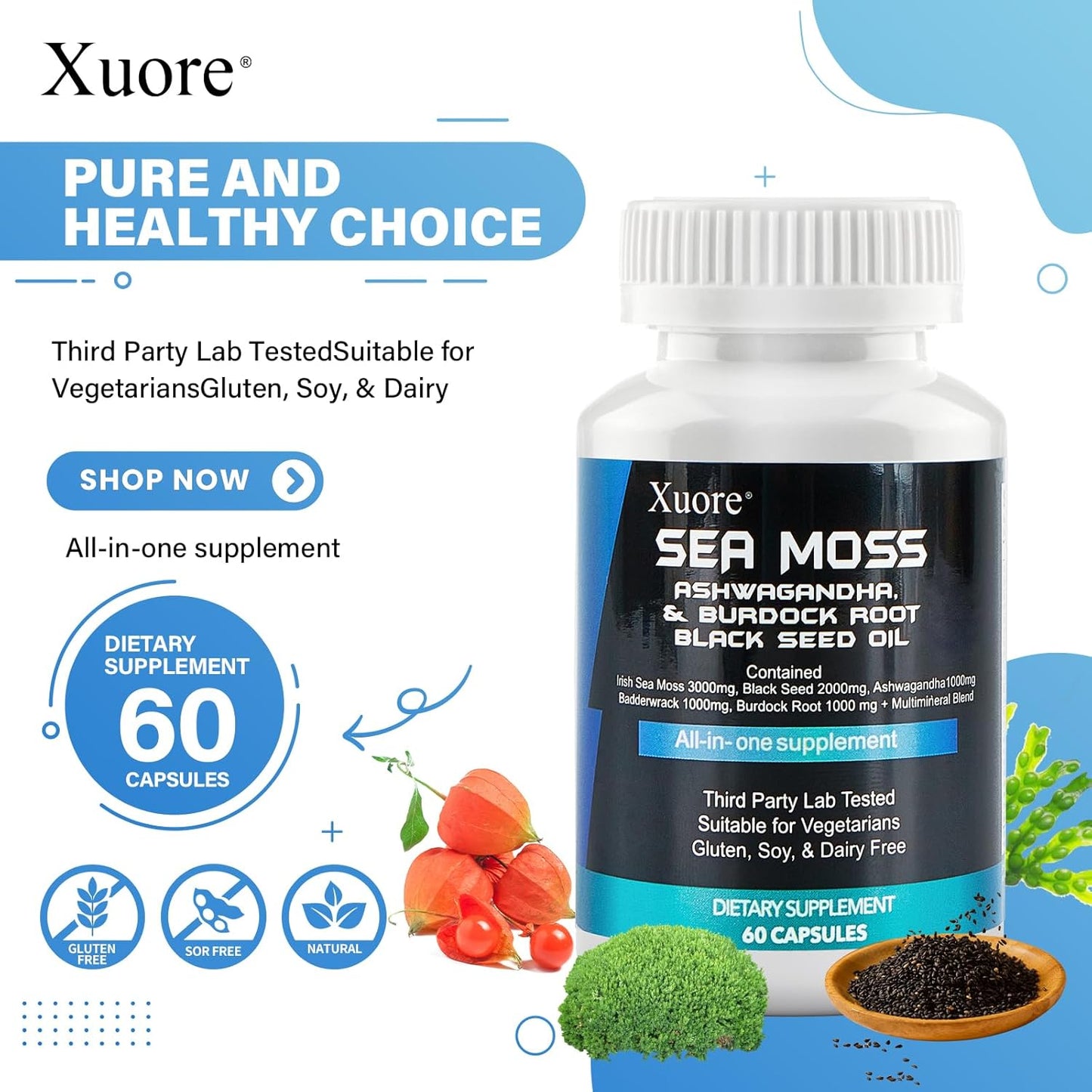 3-Pack Xuore Sea Moss, Black Seed Oil, Mushroom & Herb Supplement with Lions Mane, Turkey Tail, Reishi, Cordyceps, Chaga, Liver Cleanse, Detox & Repair - Includes Milk Thistle - All-In-One Formula