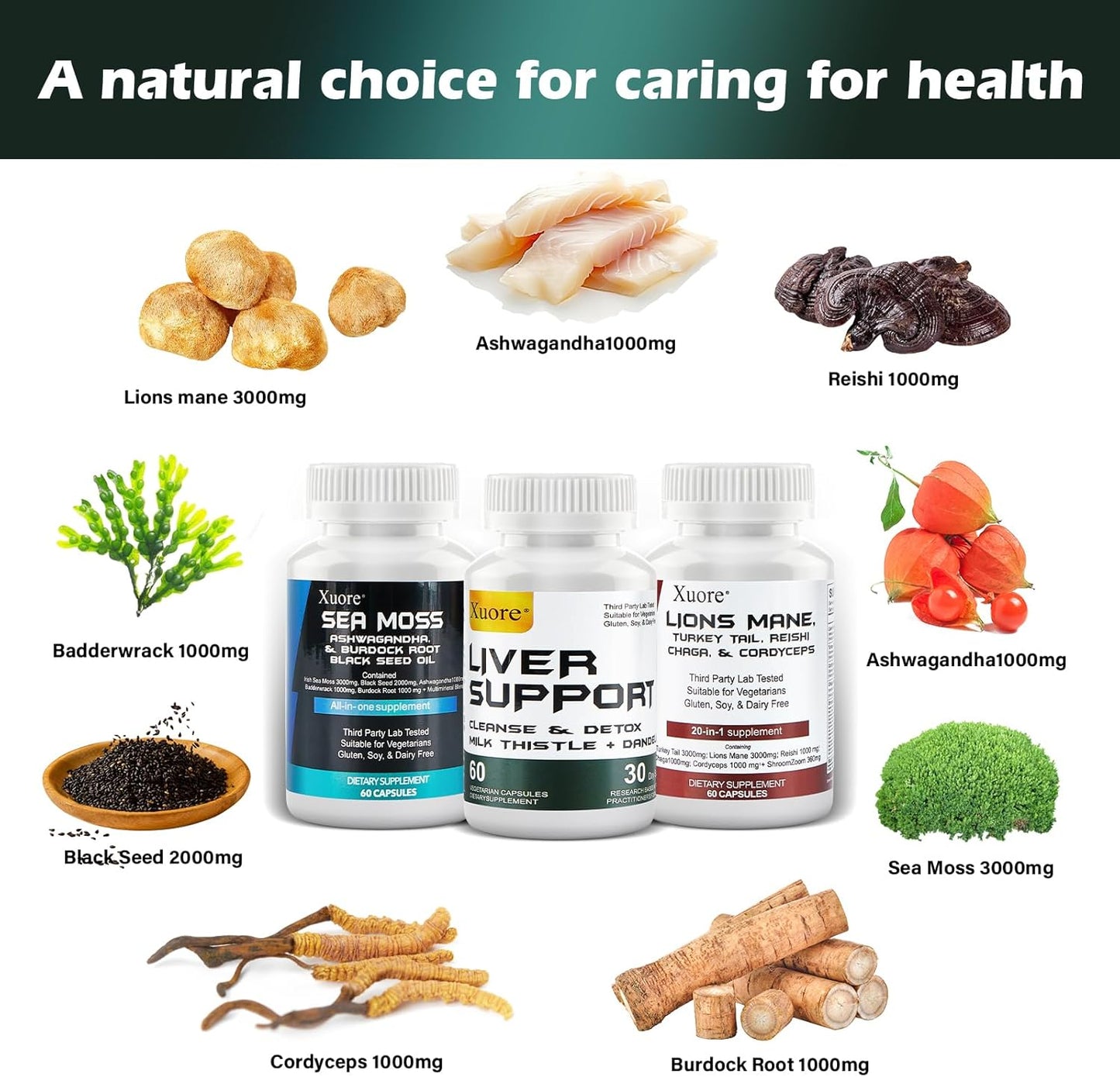 3-Pack Xuore Sea Moss, Black Seed Oil, Mushroom & Herb Supplement with Lions Mane, Turkey Tail, Reishi, Cordyceps, Chaga, Liver Cleanse, Detox & Repair - Includes Milk Thistle - All-In-One Formula
