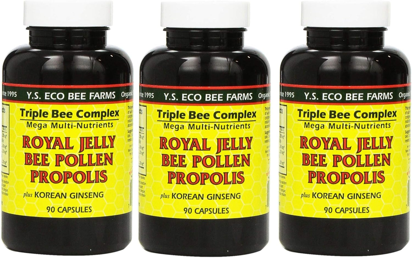 3 Pack Y.S. Eco Bee Farms Royal Jelly, Bee Pollen, Propolis with Korean Ginseng Capsules - 90 Count