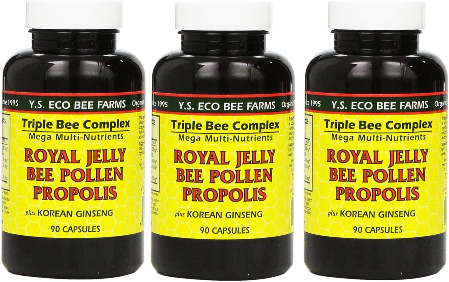 3 Pack Y.S. Eco Bee Farms Royal Jelly, Bee Pollen, Propolis with Korean Ginseng Capsules - 90 Count