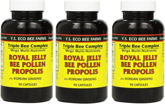 3 Pack Y.S. Eco Bee Farms Royal Jelly, Bee Pollen, Propolis with Korean Ginseng Capsules - 90 Count
