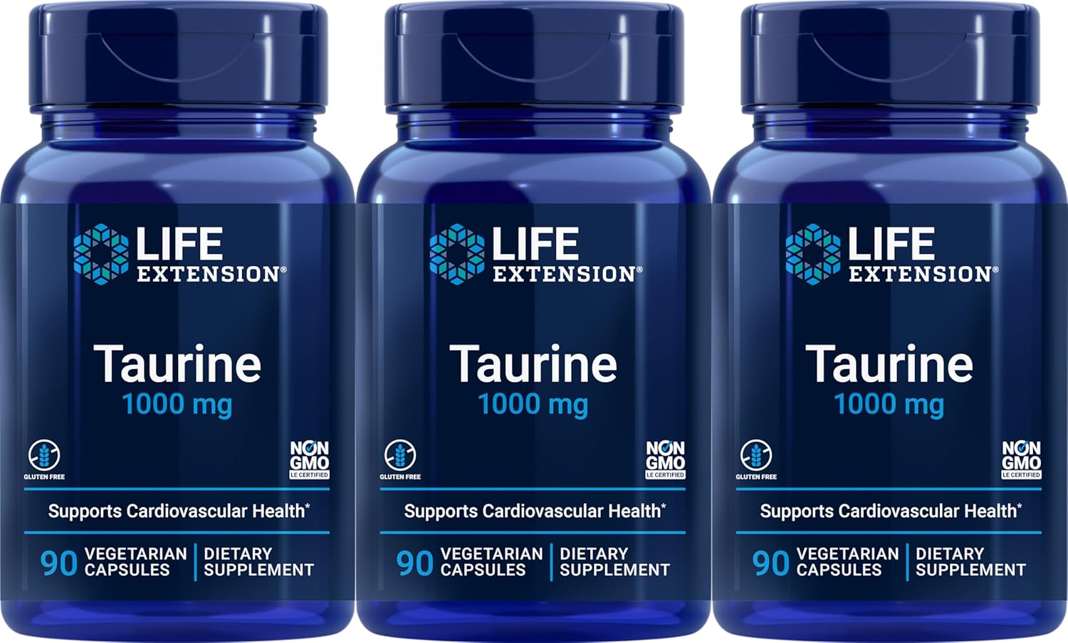 3 Packs Life Extension Taurine 1,000 mg - 90 Vegetarian Capsules per Pack