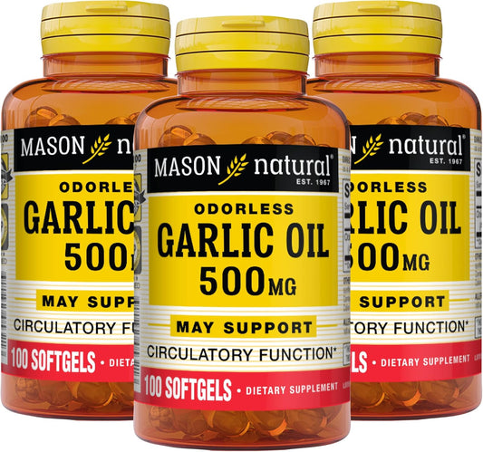 3 Packs of MASON NATURAL Odorless Garlic Oil 500mg Softgels - Promotes Healthy Circulation - 100 Softgels per Pack