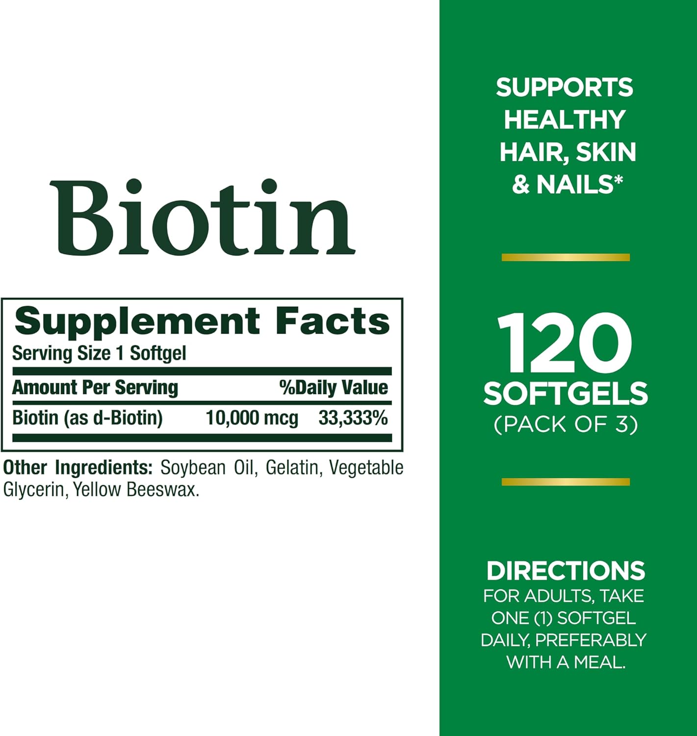 3 Packs of Nature's Bounty Biotin 10,000mcg Softgels for Hair, Skin, and Nails - 120 Count each