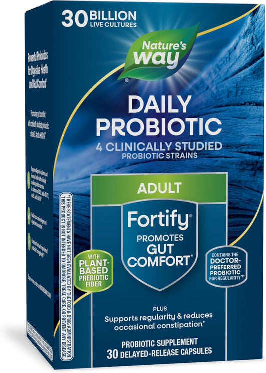 30 Billion Live Cultures Probiotic + Prebiotic Supplement for Digestive & Immune Health - Nature's Way Fortify for Men and Women, 30 Capsules