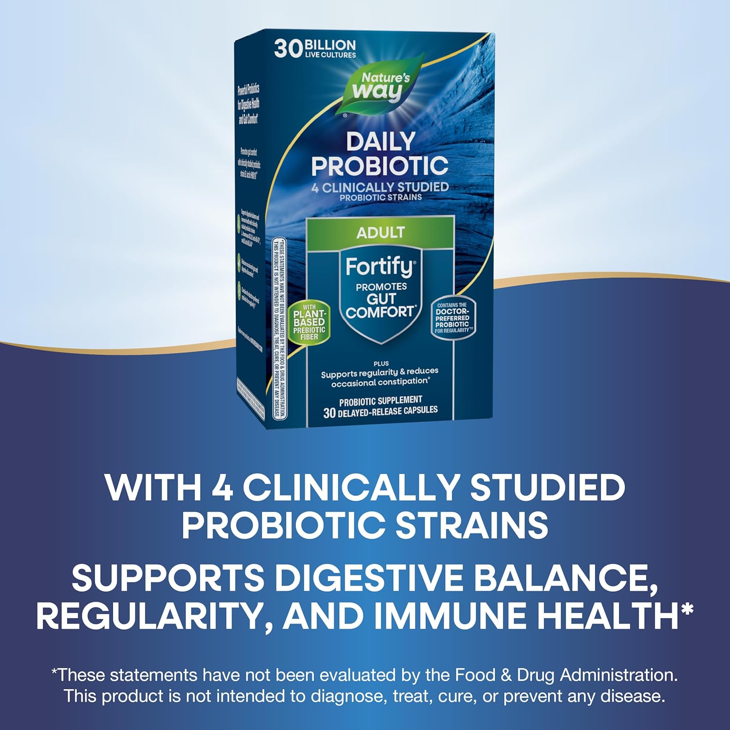 30 Billion Live Cultures Probiotic + Prebiotic Supplement for Digestive & Immune Health - Nature's Way Fortify for Men and Women, 30 Capsules