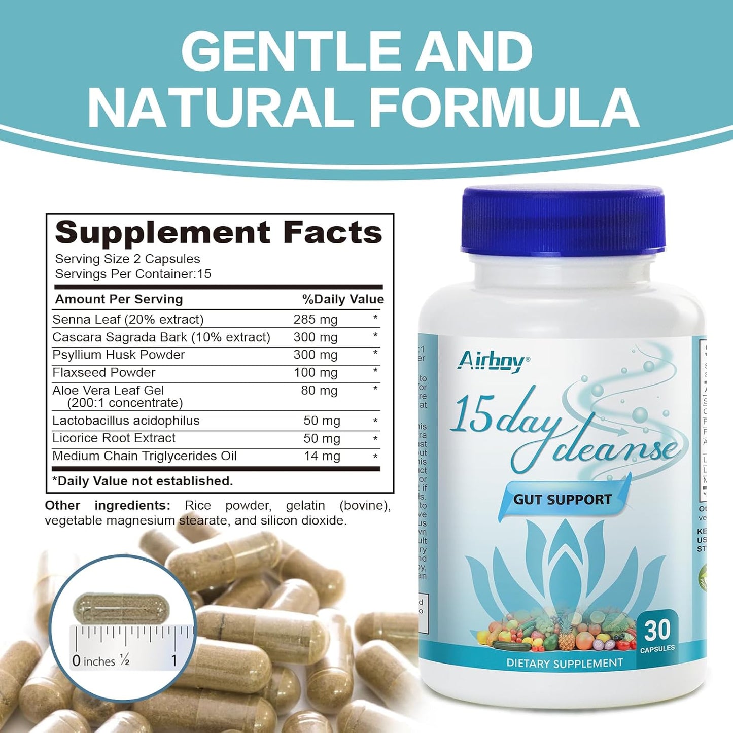 30 Capsules Airboy 15 Day Cleanse Detox for Gut & Colon Support - Bowel Cleanse for Women & Men