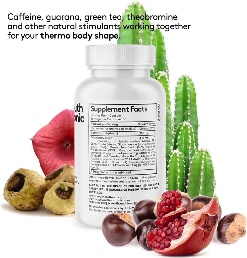 30 Capsules Youth & Tonic Thermogenic Supplement for Energy Metabolism Support with Caffeine, Chromium, Glucomannan, Guarana & Hoodia Gordonii for Men and Women