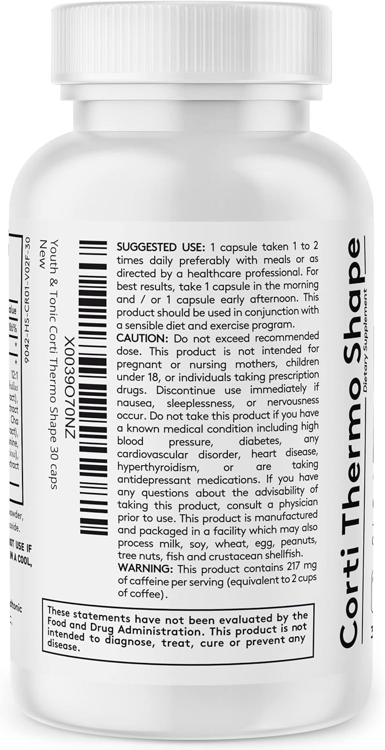 30 Capsules Youth & Tonic Thermogenic Supplement for Energy Metabolism Support with Caffeine, Chromium, Glucomannan, Guarana & Hoodia Gordonii for Men and Women