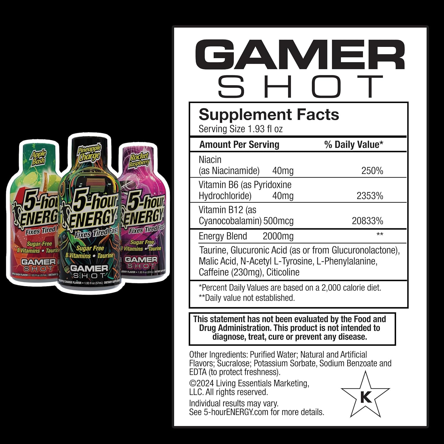 30-Count 5-Hour Energy Gamer Shots Variety Pack - Extra Strength Apple Bash, Rocket Raspberry, Pineapple Charge Flavors - 1.93 fl oz