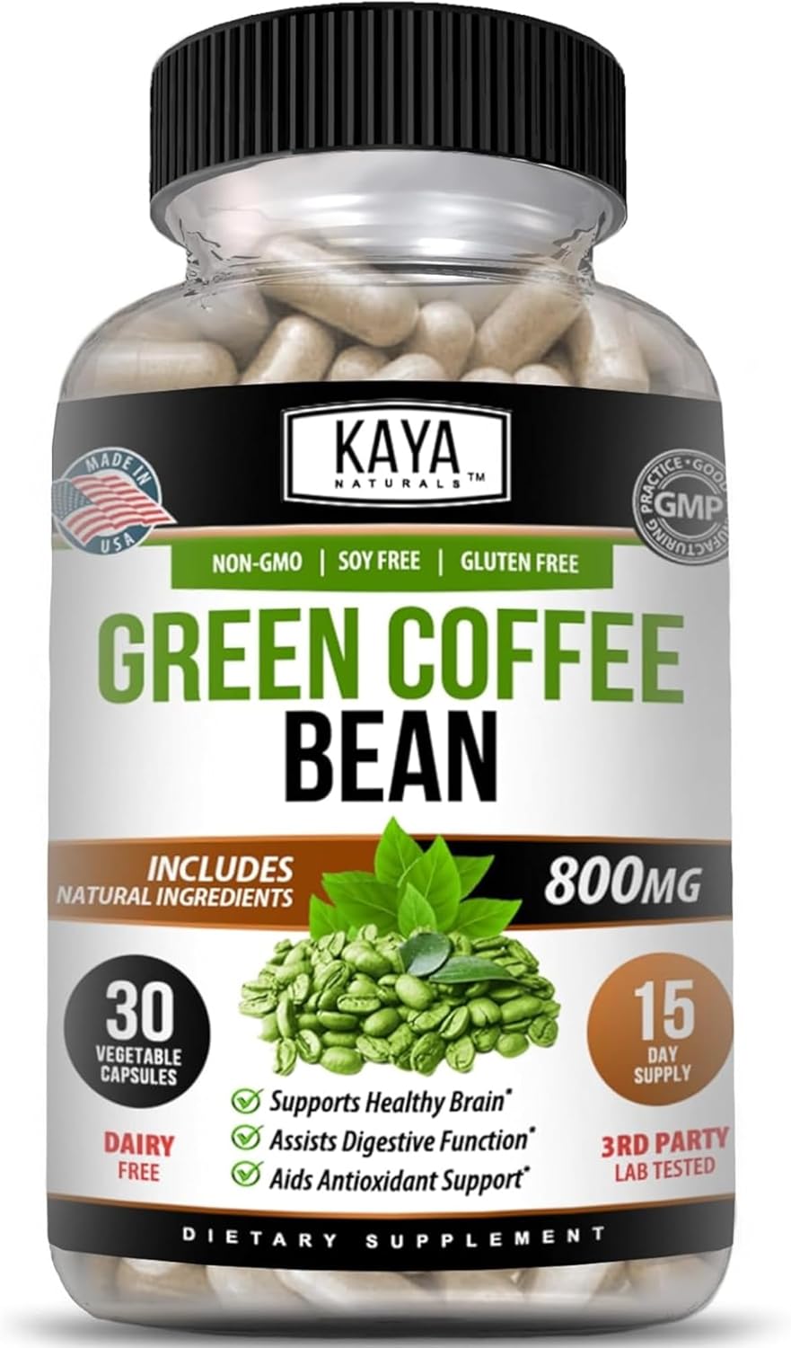 30-Count Non-GMO Green Coffee Bean Extract by Kaya Naturals - Gluten-Free Dietary Supplement