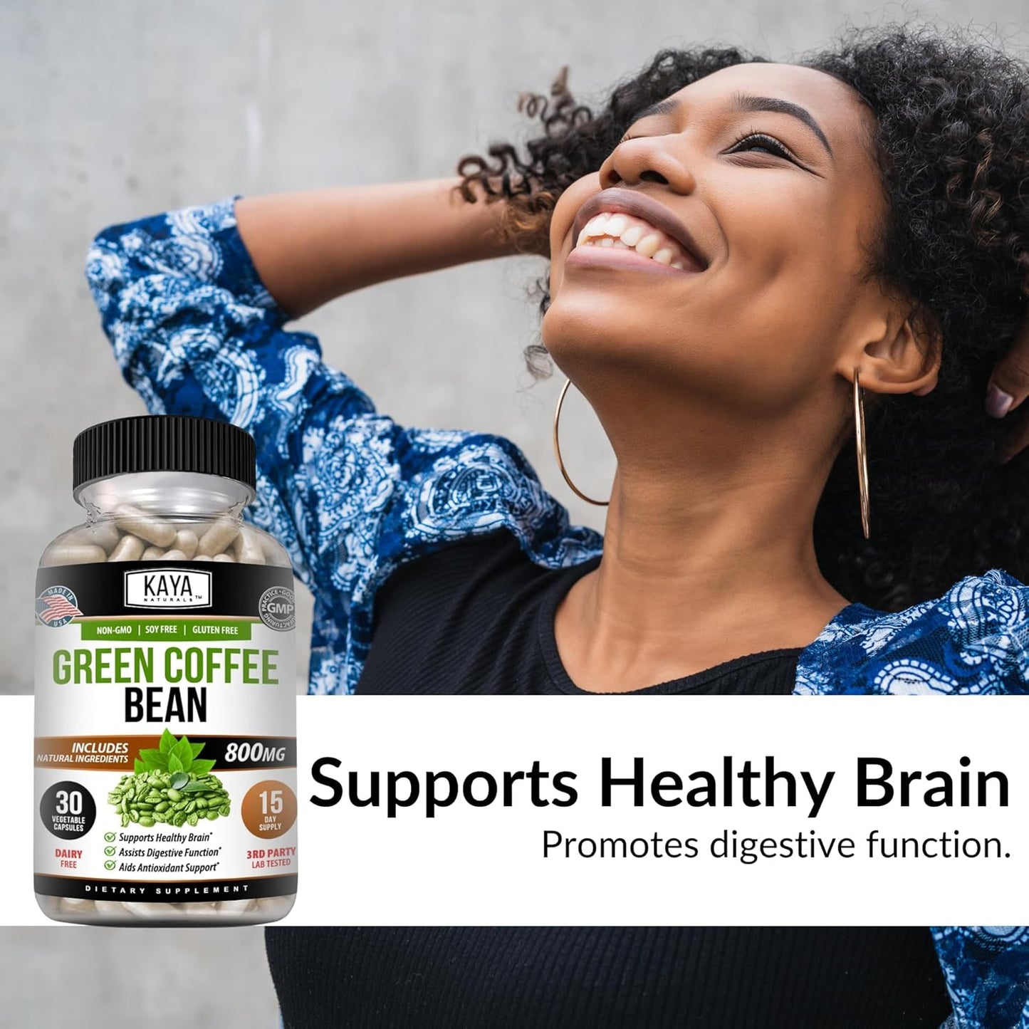 30-Count Non-GMO Green Coffee Bean Extract by Kaya Naturals - Gluten-Free Dietary Supplement