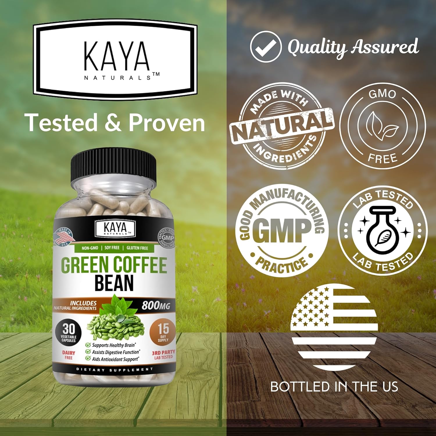 30-Count Non-GMO Green Coffee Bean Extract by Kaya Naturals - Gluten-Free Dietary Supplement