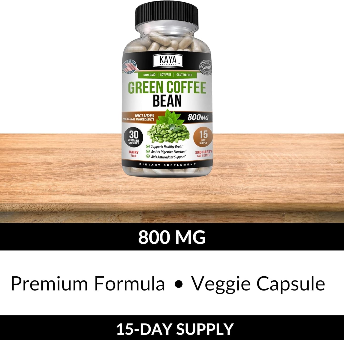 30-Count Non-GMO Green Coffee Bean Extract by Kaya Naturals - Gluten-Free Dietary Supplement