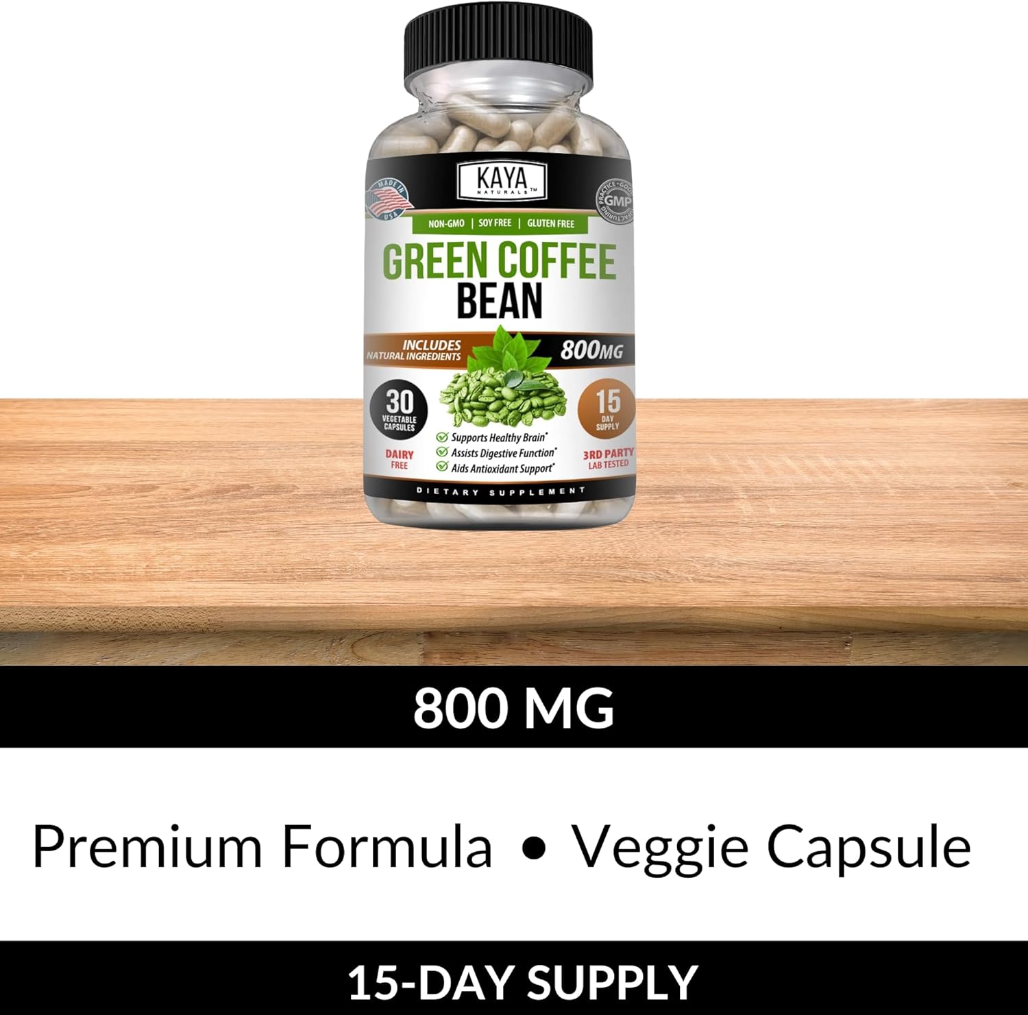 30-Count Non-GMO Green Coffee Bean Extract by Kaya Naturals - Gluten-Free Dietary Supplement