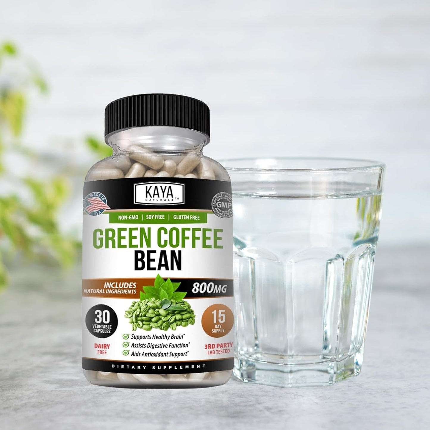 30-Count Non-GMO Green Coffee Bean Extract by Kaya Naturals - Gluten-Free Dietary Supplement