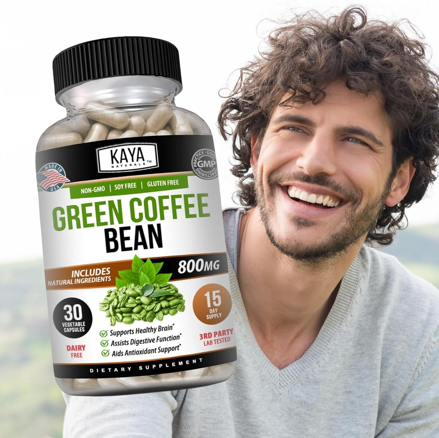 30-Count Non-GMO Green Coffee Bean Extract by Kaya Naturals - Gluten-Free Dietary Supplement
