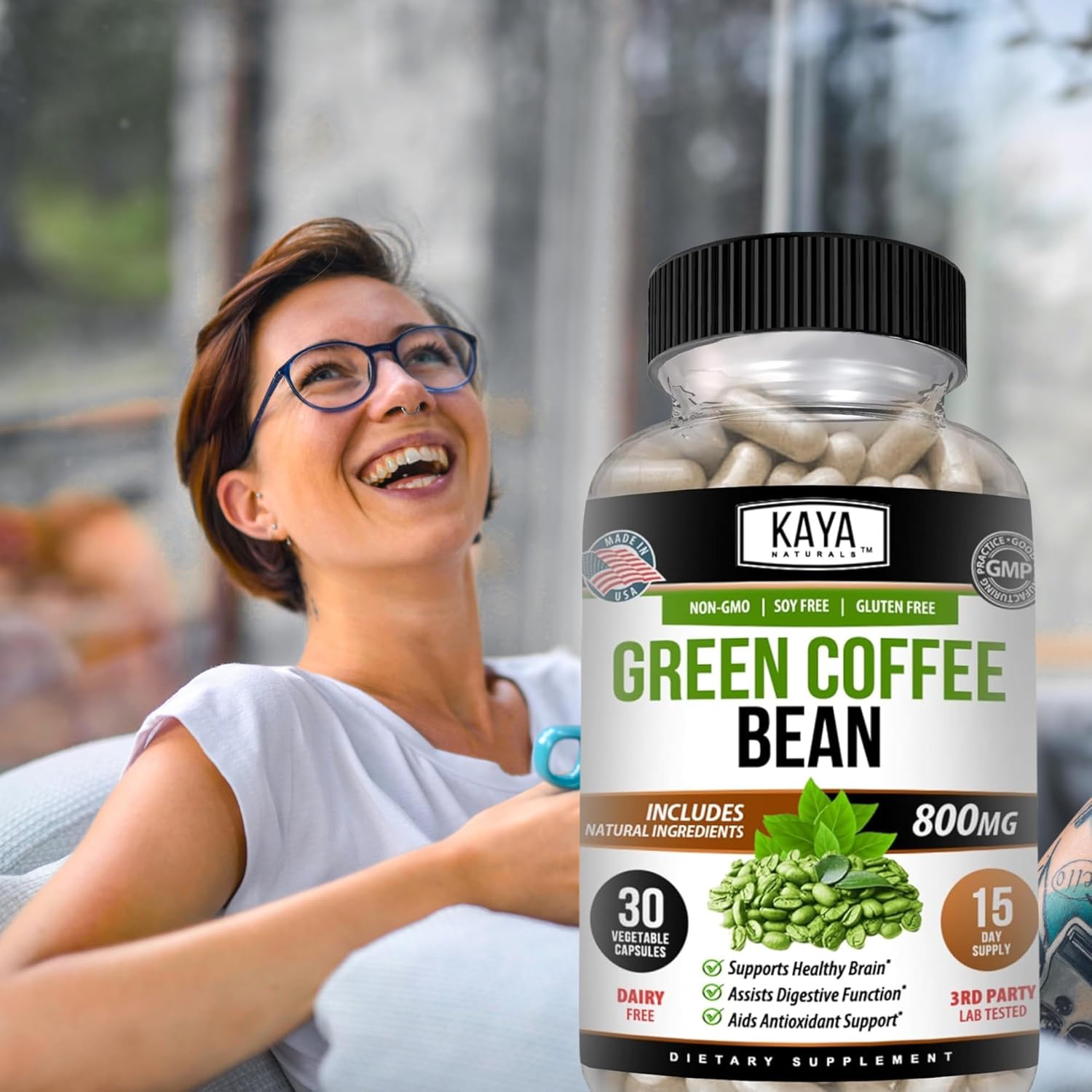 30-Count Non-GMO Green Coffee Bean Extract by Kaya Naturals - Gluten-Free Dietary Supplement